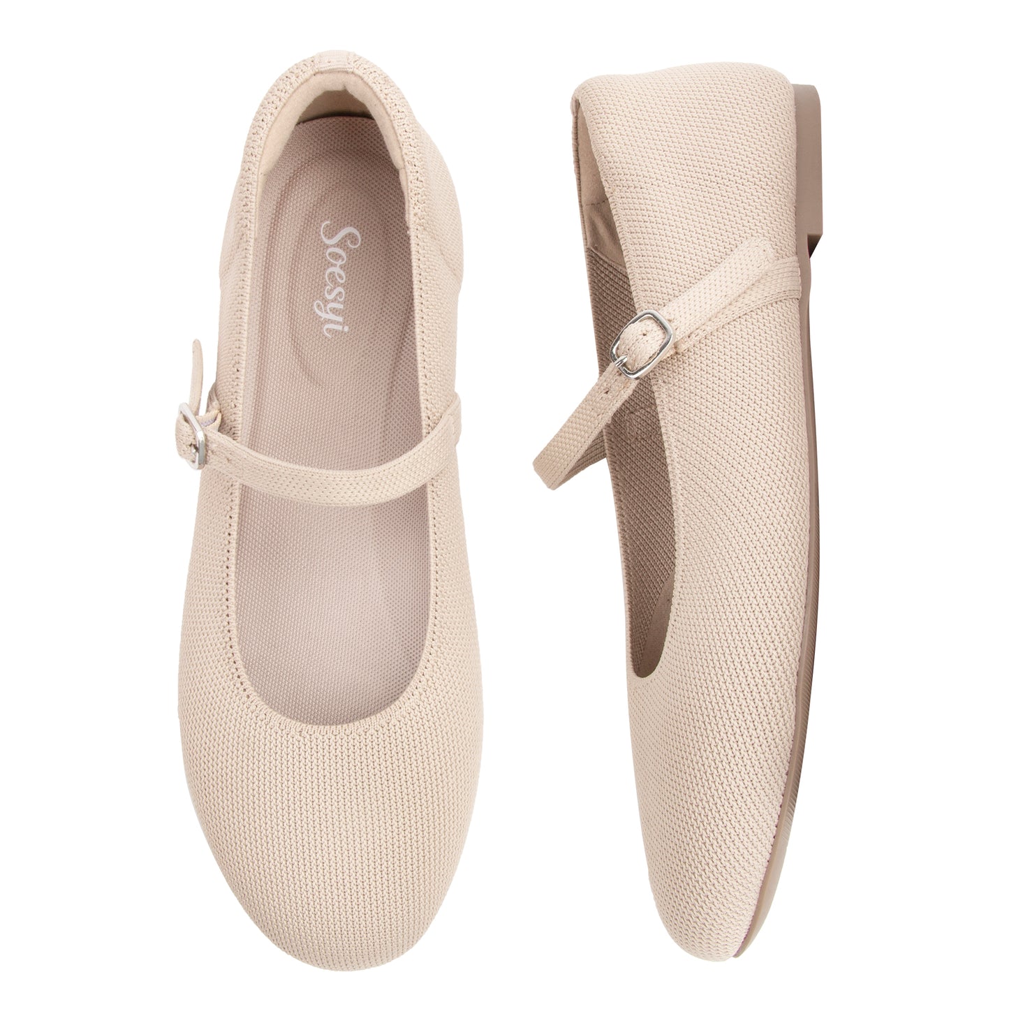 Soesyi Women's Round Toe Ballet Flats Comfortable Mary Jane Shoes Dressy Slip On Knit Flats Adjustable Straps Washable Flats