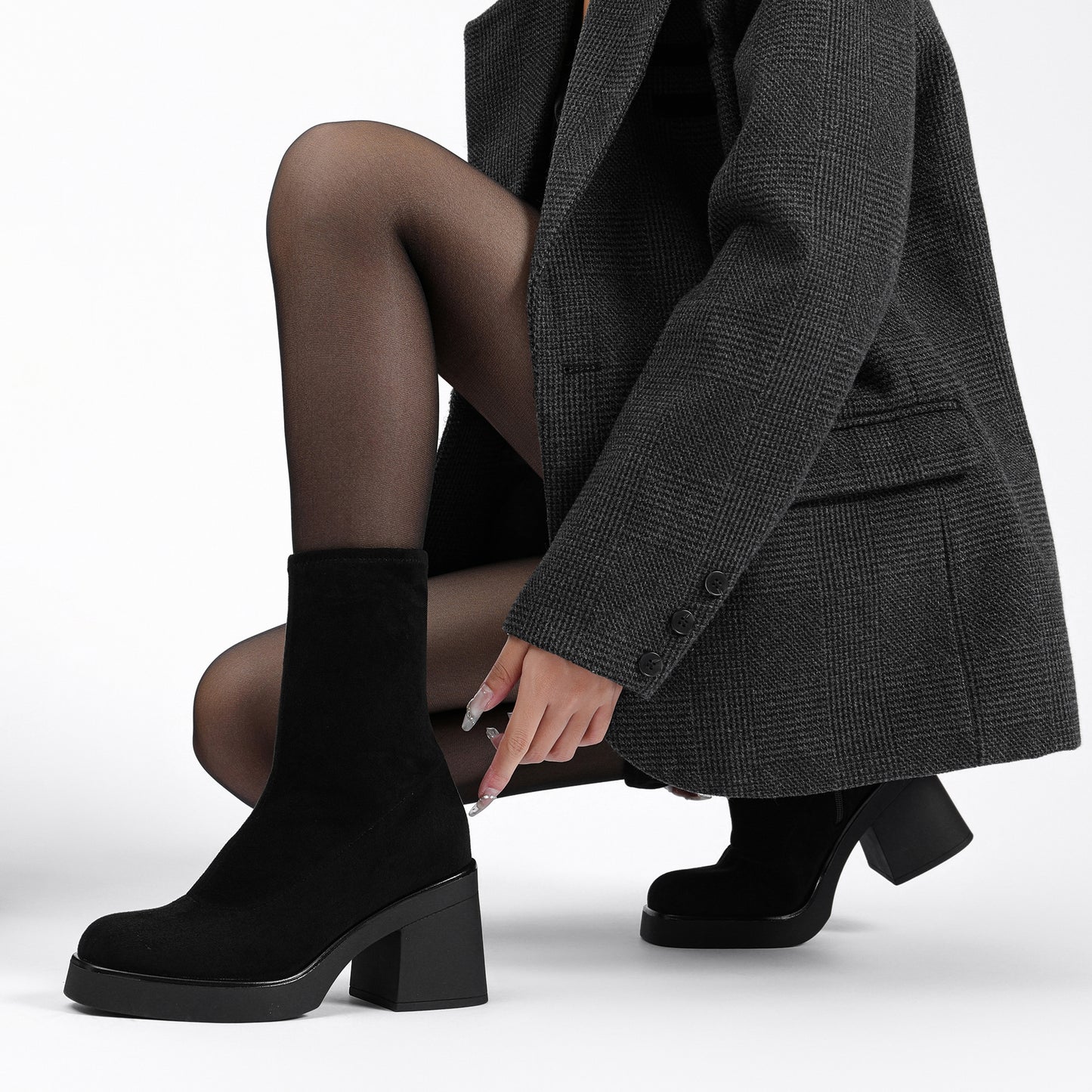 Women's Square Toe Stretch Mid Boots Calf Slouchy Platform Booties Suede Zip Chunky Block Heeled Sock Ankle Boot Shoes