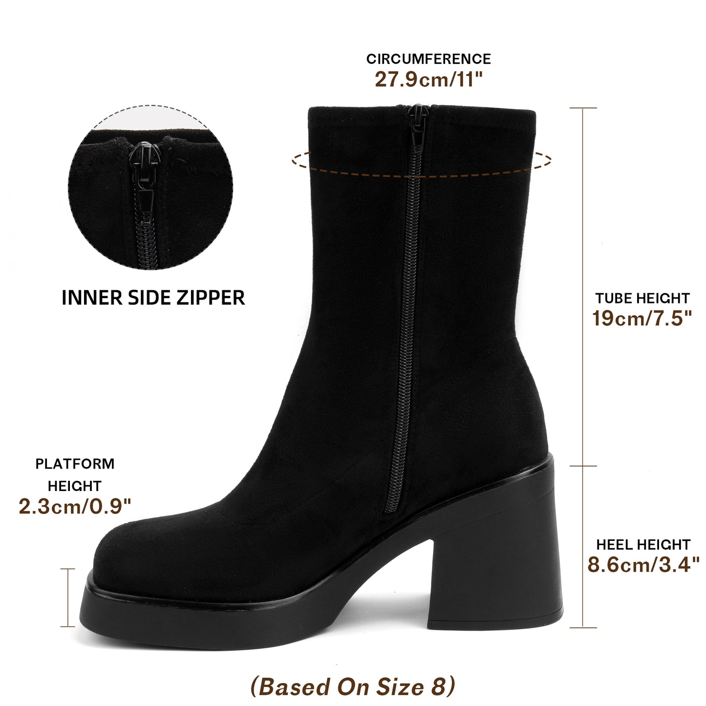 Women's Square Toe Stretch Mid Boots Calf Slouchy Platform Booties Suede Zip Chunky Block Heeled Sock Ankle Boot Shoes