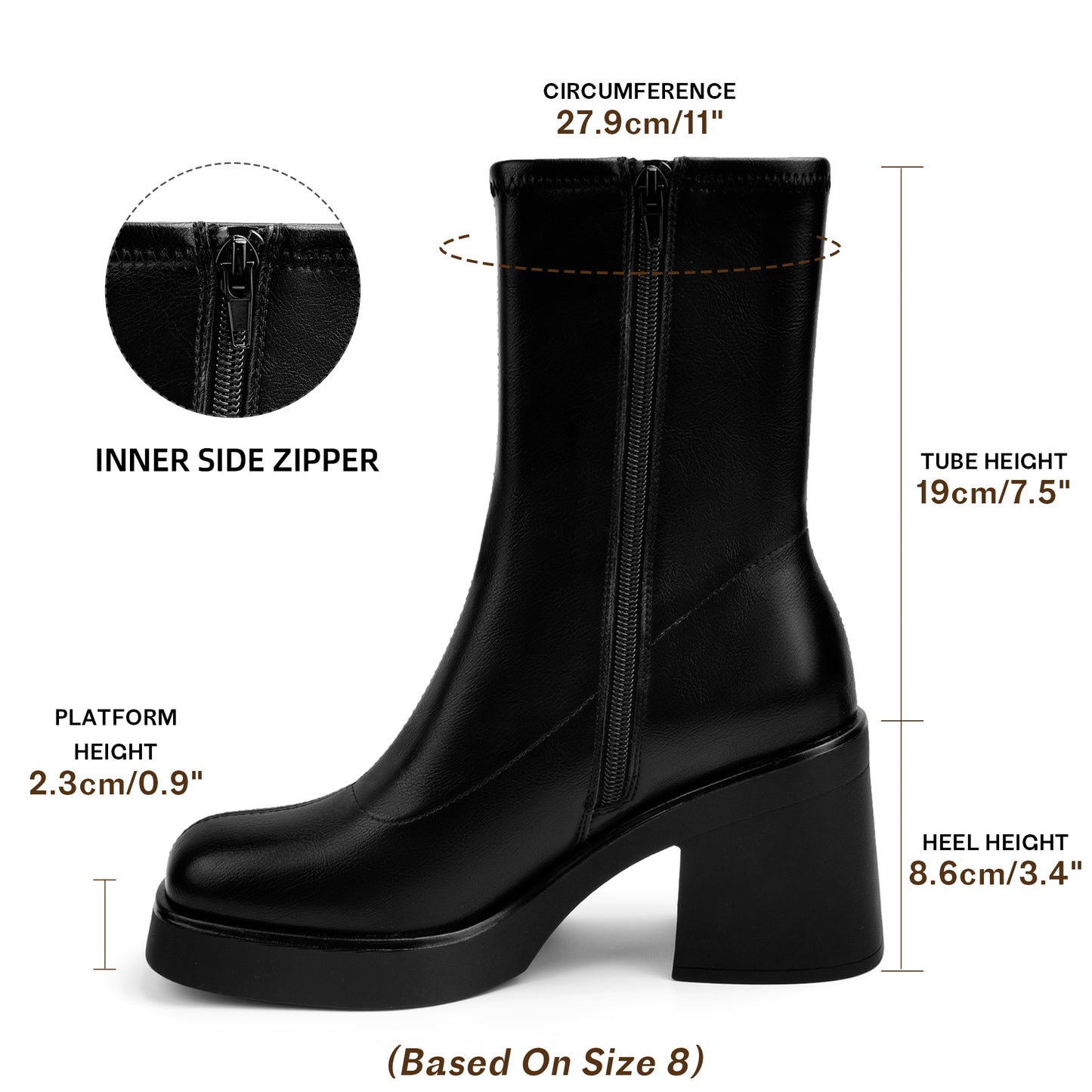 Women's Square Toe Stretch Mid Boots Calf Slouchy Platform Booties Suede Zip Chunky Block Heeled Sock Ankle Boot Shoes