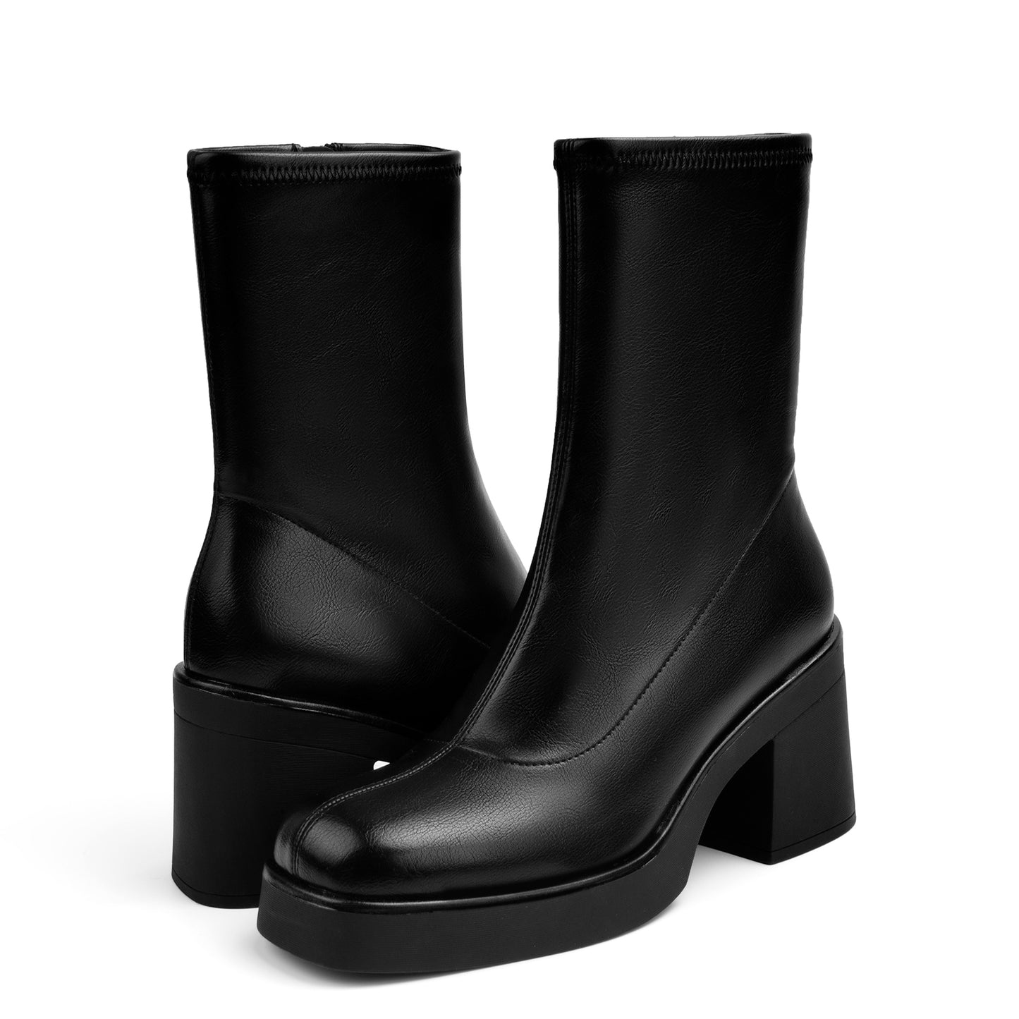 Women's Square Toe Stretch Mid Boots Calf Slouchy Platform Booties Suede Zip Chunky Block Heeled Sock Ankle Boot Shoes