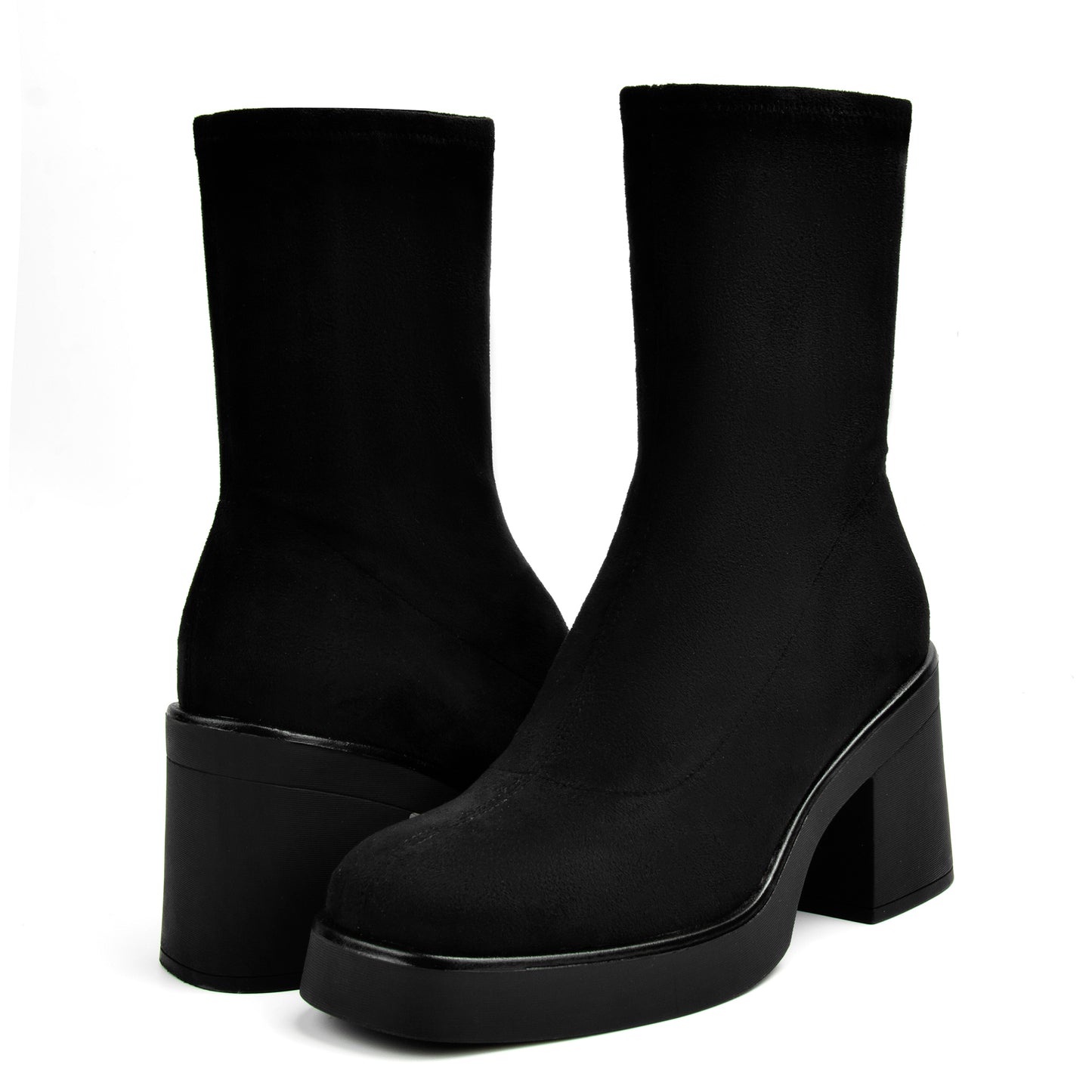 Women's Square Toe Stretch Mid Boots Calf Slouchy Platform Booties Suede Zip Chunky Block Heeled Sock Ankle Boot Shoes