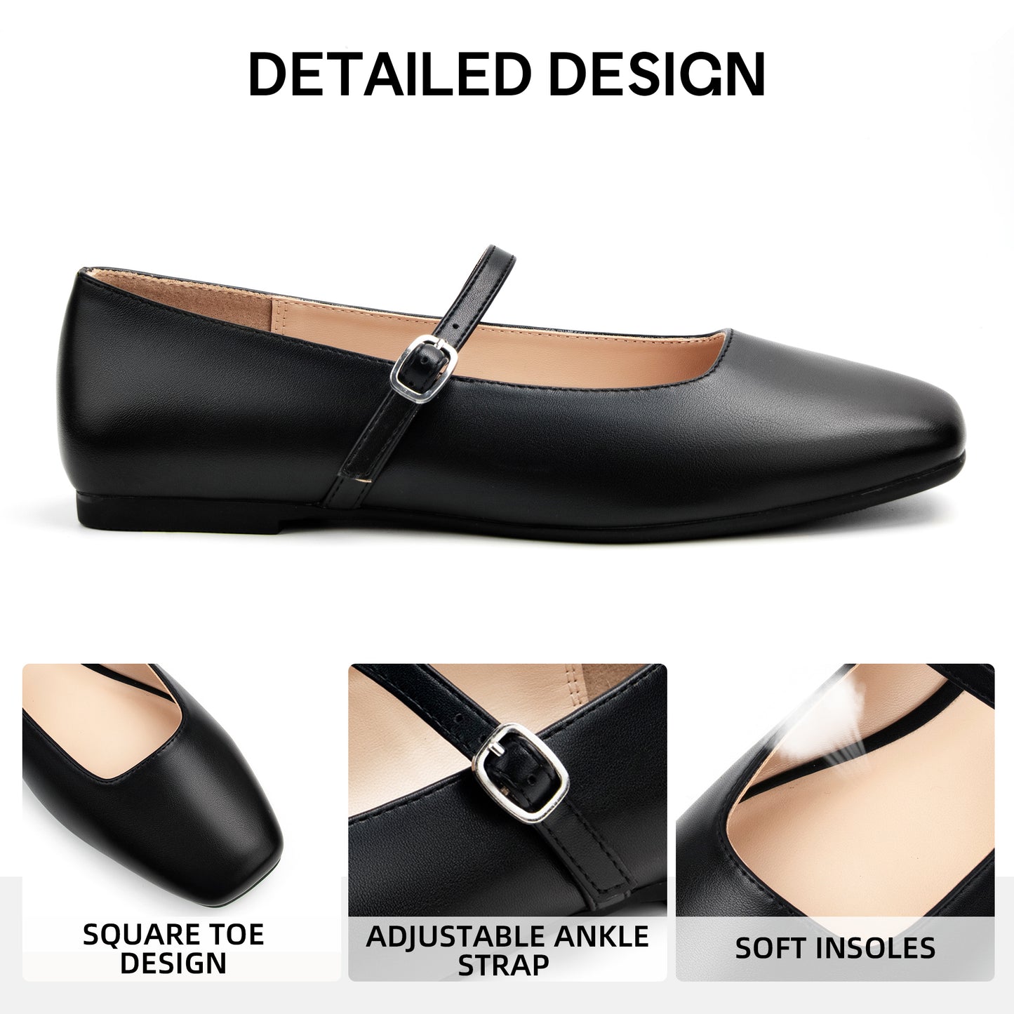 Women's Mary Jane Ballet Flats Square Toe Ankle Strap Shoes for Women Adjustable Buckle Soft Dressy Party Wedding