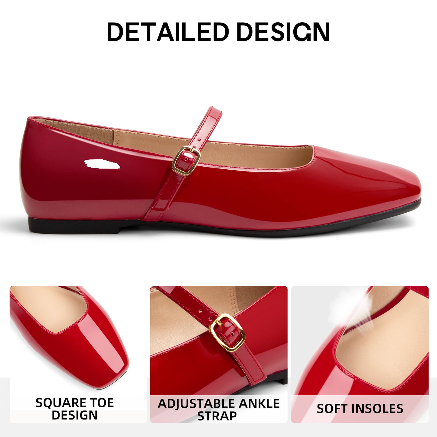 Women's Mary Jane Ballet Flats Square Toe Ankle Strap Shoes for Women Adjustable Buckle Soft Dressy Party Wedding