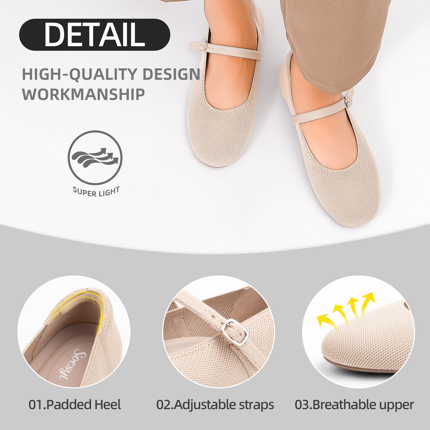 Soesyi Women's Round Toe Ballet Flats Comfortable Mary Jane Shoes Dressy Slip On Knit Flats Adjustable Straps Washable Flats
