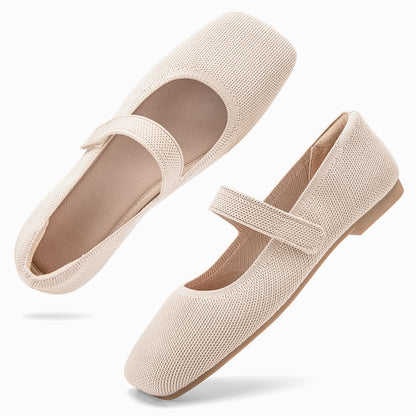 Soseyi Wide Toe Box Flats Women Comfort Slip On Ballet Shoes Mary Jane Dressy Knit Flats with Adjustable Straps Washable Casual Office