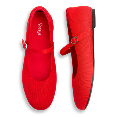 Soesyi Women's Round Toe Ballet Flats Comfortable Mary Jane Shoes Dressy Slip On Knit Flats Adjustable Straps Washable Flats