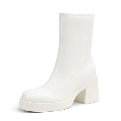 Women's Square Toe Stretch Mid Boots Calf Slouchy Platform Booties Suede Zip Chunky Block Heeled Sock Ankle Boot Shoes