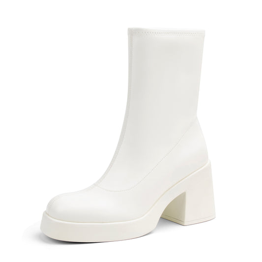 Women's Square Toe Stretch Mid Boots Calf Slouchy Platform Booties Suede Zip Chunky Block Heeled Sock Ankle Boot Shoes