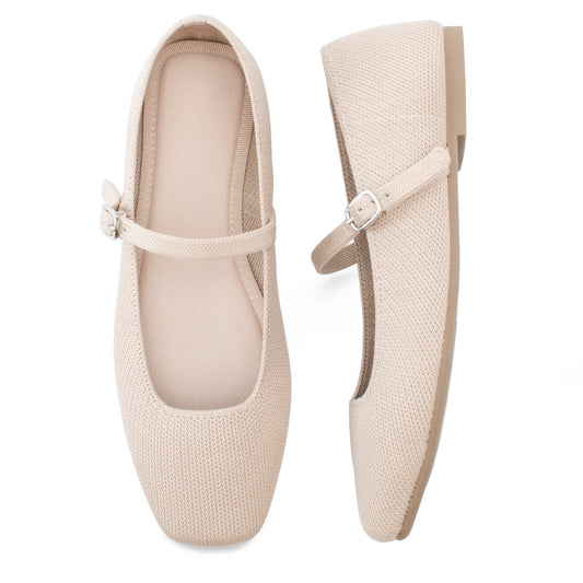 Soesyi Knit Flats for Women Square Toe Flats Casual Ballet Flats with Ankle Strap,Mary Jane Shoes Women Comfortable for Dressy Office