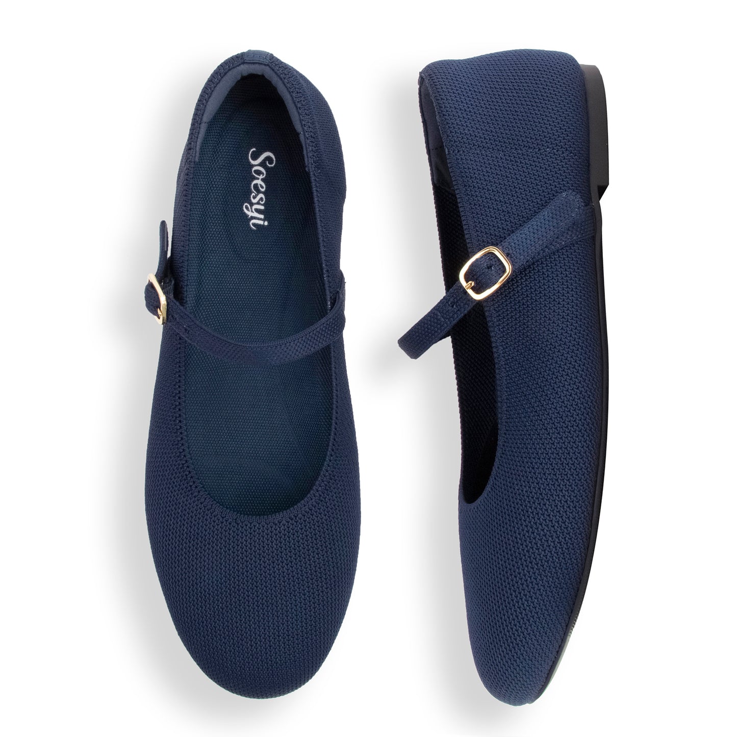Soesyi Women's Round Toe Ballet Flats Comfortable Mary Jane Shoes Dressy Slip On Knit Flats Adjustable Straps Washable Flats