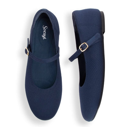 Soesyi Women's Round Toe Ballet Flats Comfortable Mary Jane Shoes Dressy Slip On Knit Flats Adjustable Straps Washable Flats