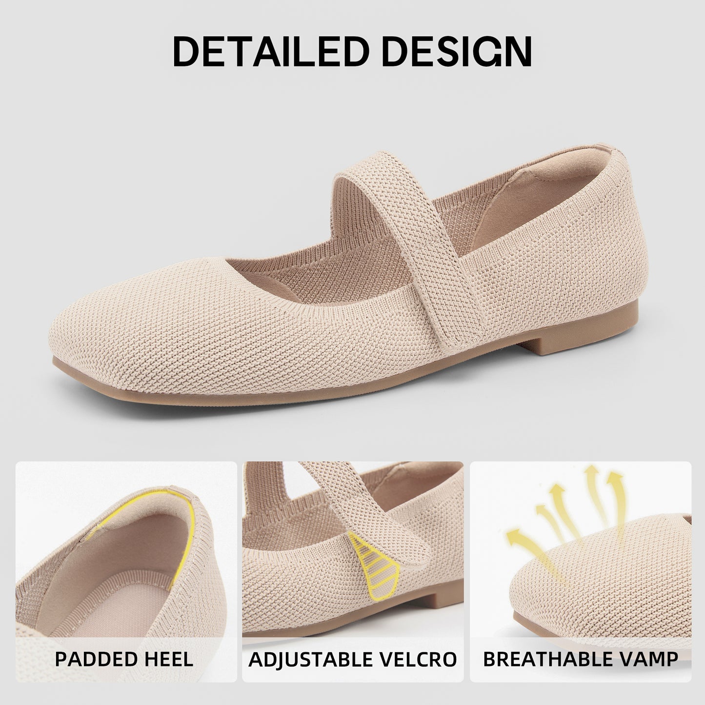 Soseyi Wide Toe Box Flats Women Comfort Slip On Ballet Shoes Mary Jane Dressy Knit Flats with Adjustable Straps Washable Casual Office