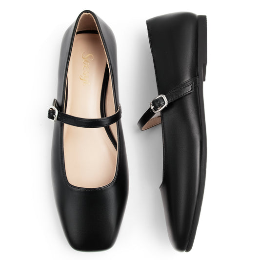Women's Mary Jane Ballet Flats Square Toe Ankle Strap Shoes for Women Adjustable Buckle Soft Dressy Party Wedding