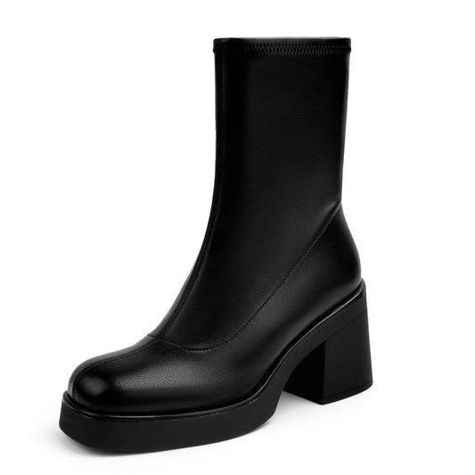 Women's Square Toe Stretch Mid Boots Calf Slouchy Platform Booties Suede Zip Chunky Block Heeled Sock Ankle Boot Shoes