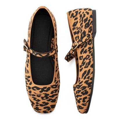 Soesyi Knit Flats for Women Square Toe Flats Casual Ballet Flats with Ankle Strap,Mary Jane Shoes Women Comfortable for Dressy Office