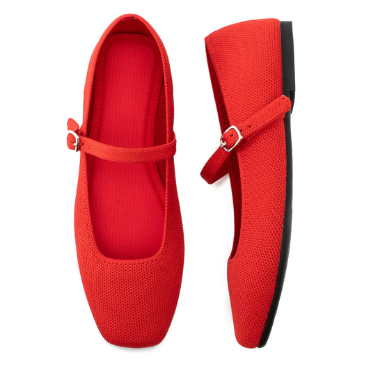 Soesyi Knit Flats for Women Square Toe Flats Casual Ballet Flats with Ankle Strap,Mary Jane Shoes Women Comfortable for Dressy Office