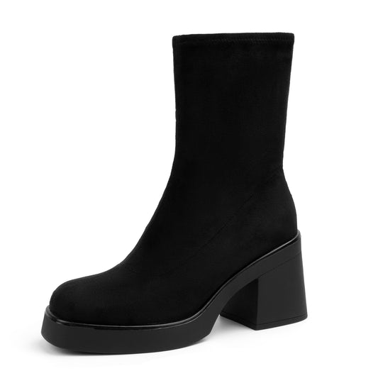 Women's Square Toe Stretch Mid Boots Calf Slouchy Platform Booties Suede Zip Chunky Block Heeled Sock Ankle Boot Shoes