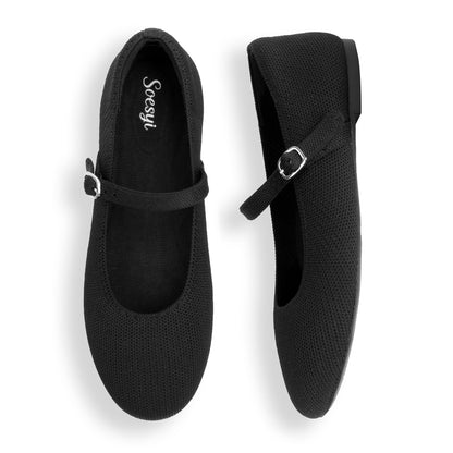 Soesyi Women's Round Toe Ballet Flats Comfortable Mary Jane Shoes Dressy Slip On Knit Flats Adjustable Straps Washable Flats