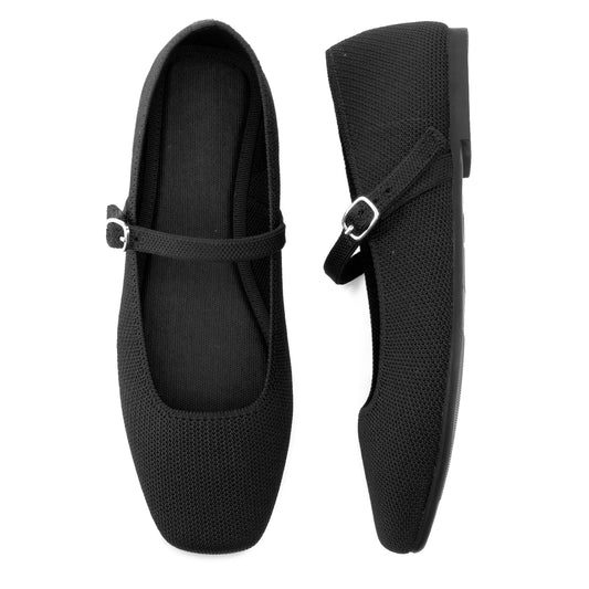 Soesyi Knit Flats for Women Square Toe Flats Casual Ballet Flats with Ankle Strap,Mary Jane Shoes Women Comfortable for Dressy Office