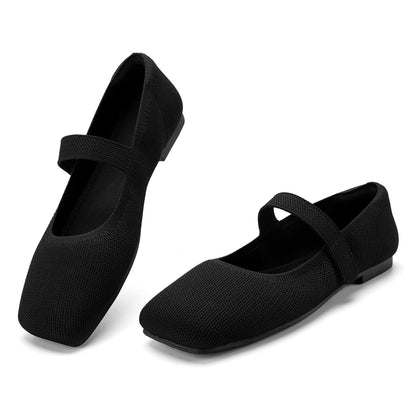 Soseyi Women's Round Toe Ballet Flats Comfortable Mary Jane Shoes Dressy Slip On Knit Flats Adjustable Straps Washable Flats