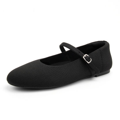 Soesyi Women's Round Toe Ballet Flats Comfortable Mary Jane Shoes Dressy Slip On Knit Flats Adjustable Straps Washable Flats