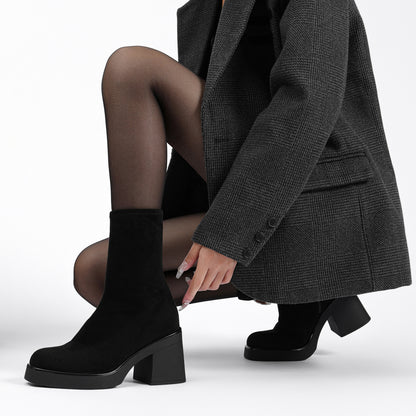Women's Square Toe Stretch Mid Boots Calf Slouchy Platform Booties Suede Zip Chunky Block Heeled Sock Ankle Boot Shoes