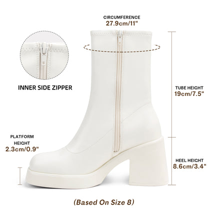 Women's Square Toe Stretch Mid Boots Calf Slouchy Platform Booties Suede Zip Chunky Block Heeled Sock Ankle Boot Shoes
