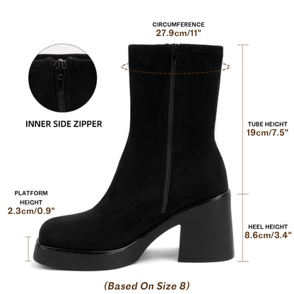 Women's Square Toe Stretch Mid Boots Calf Slouchy Platform Booties Suede Zip Chunky Block Heeled Sock Ankle Boot Shoes