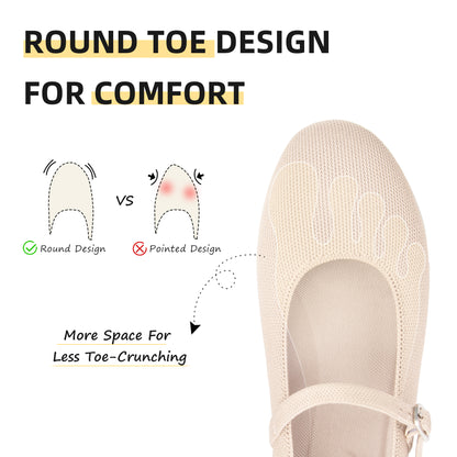 Soesyi Women's Round Toe Ballet Flats Comfortable Mary Jane Shoes Dressy Slip On Knit Flats Adjustable Straps Washable Flats