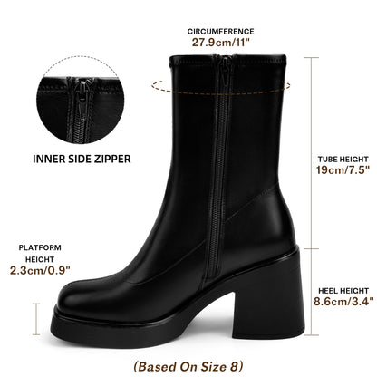 Women's Square Toe Stretch Mid Boots Calf Slouchy Platform Booties Suede Zip Chunky Block Heeled Sock Ankle Boot Shoes