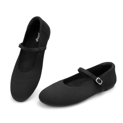 Soesyi Women's Round Toe Ballet Flats Comfortable Mary Jane Shoes Dressy Slip On Knit Flats Adjustable Straps Washable Flats