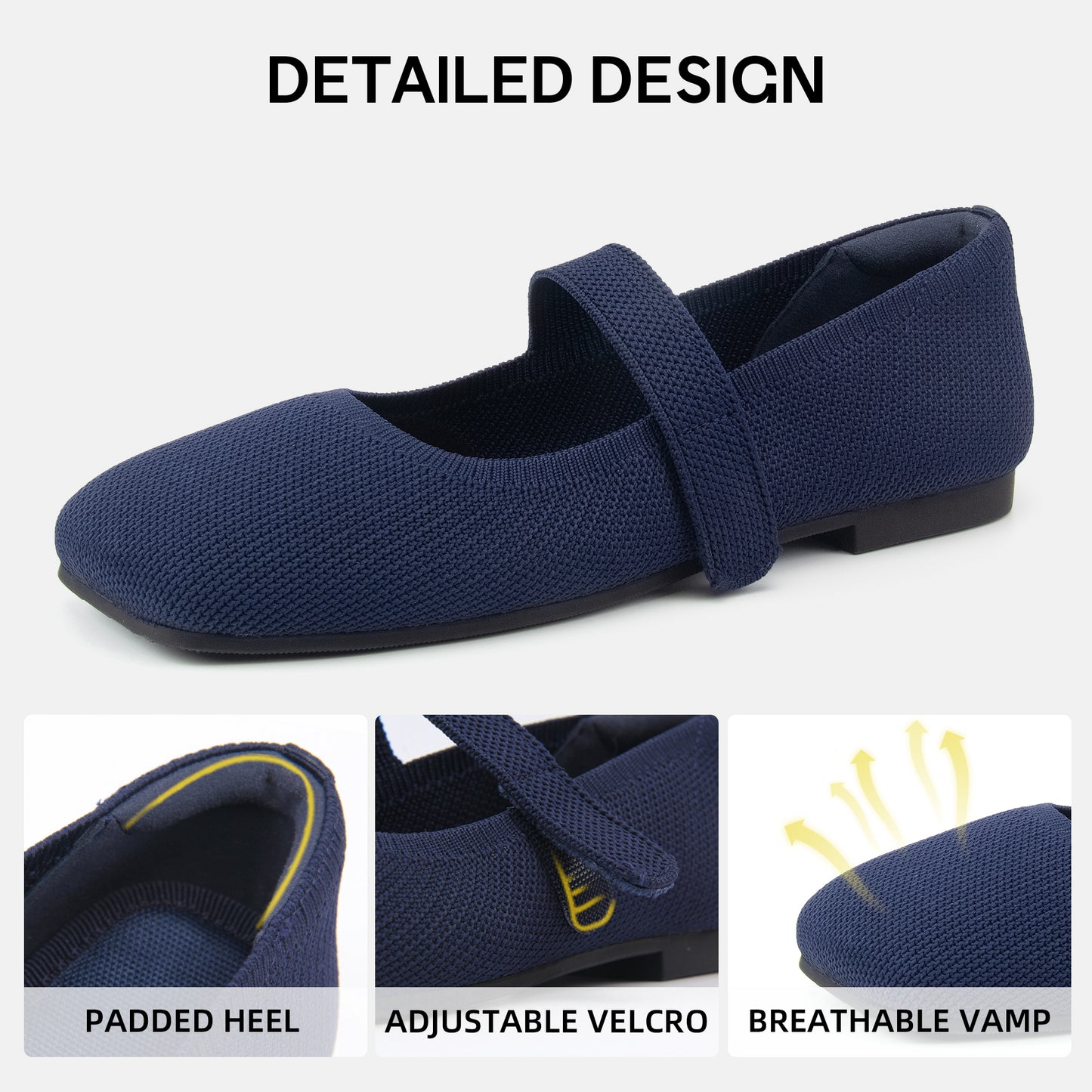 Soseyi Wide Toe Box Flats Women Comfort Slip On Ballet Shoes Mary Jane Dressy Knit Flats with Adjustable Straps Washable Casual Office