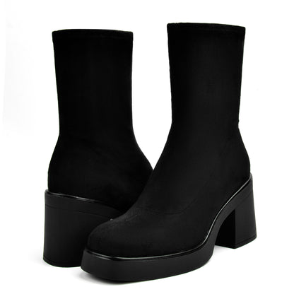 Women's Square Toe Stretch Mid Boots Calf Slouchy Platform Booties Suede Zip Chunky Block Heeled Sock Ankle Boot Shoes