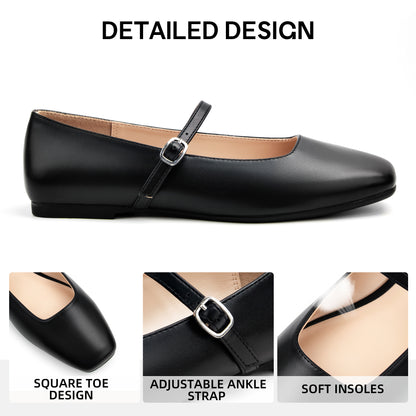 Women's Mary Jane Ballet Flats Square Toe Ankle Strap Shoes for Women Adjustable Buckle Soft Dressy Party Wedding