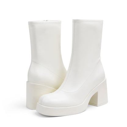 Women's Square Toe Stretch Mid Boots Calf Slouchy Platform Booties Suede Zip Chunky Block Heeled Sock Ankle Boot Shoes