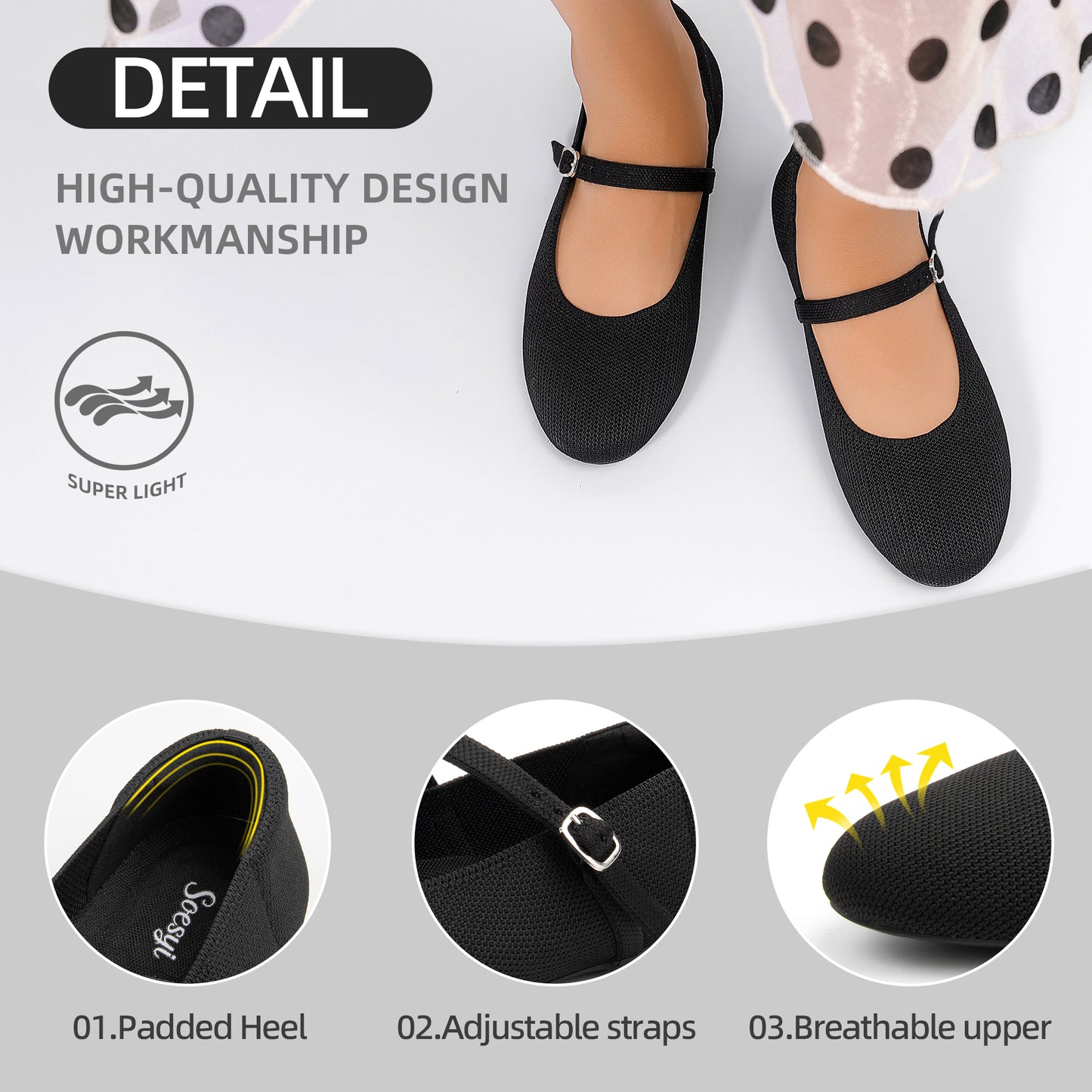 Soesyi Women's Round Toe Ballet Flats Comfortable Mary Jane Shoes Dressy Slip On Knit Flats Adjustable Straps Washable Flats