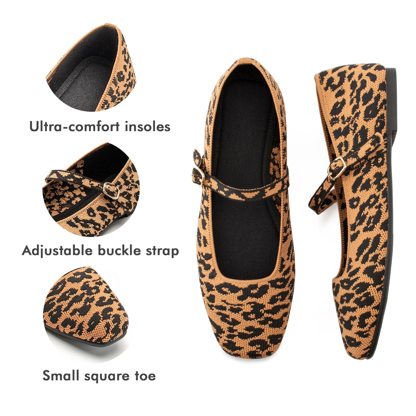 Soesyi Knit Flats for Women Square Toe Flats Casual Ballet Flats with Ankle Strap,Mary Jane Shoes Women Comfortable for Dressy Office