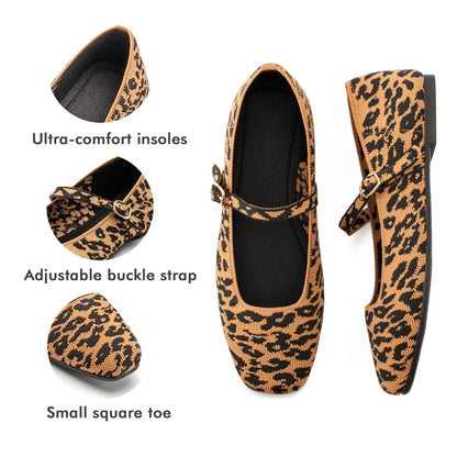 Soesyi Knit Flats for Women Square Toe Flats Casual Ballet Flats with Ankle Strap,Mary Jane Shoes Women Comfortable for Dressy Office