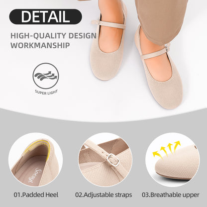 Soesyi Women's Round Toe Ballet Flats Comfortable Mary Jane Shoes Dressy Slip On Knit Flats Adjustable Straps Washable Flats