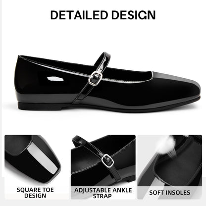 Women's Mary Jane Ballet Flats Square Toe Ankle Strap Shoes for Women Adjustable Buckle Soft Dressy Party Wedding