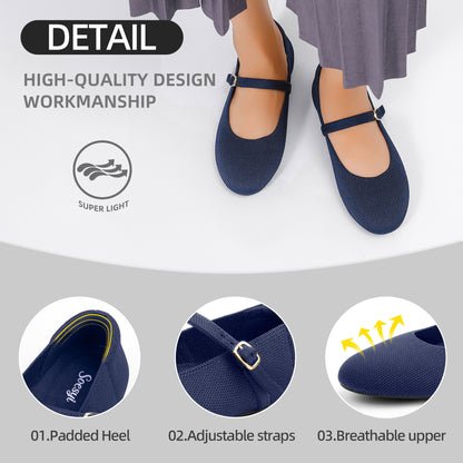 Soesyi Women's Round Toe Ballet Flats Comfortable Mary Jane Shoes Dressy Slip On Knit Flats Adjustable Straps Washable Flats