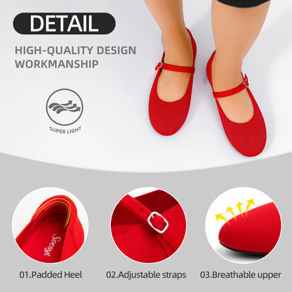 Soesyi Women's Round Toe Ballet Flats Comfortable Mary Jane Shoes Dressy Slip On Knit Flats Adjustable Straps Washable Flats