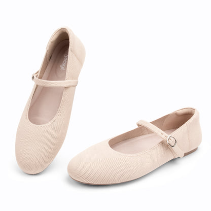 Soesyi Women's Round Toe Ballet Flats Comfortable Mary Jane Shoes Dressy Slip On Knit Flats Adjustable Straps Washable Flats