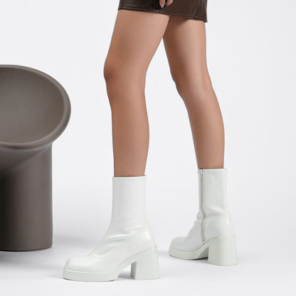 Women's Square Toe Stretch Mid Boots Calf Slouchy Platform Booties Suede Zip Chunky Block Heeled Sock Ankle Boot Shoes