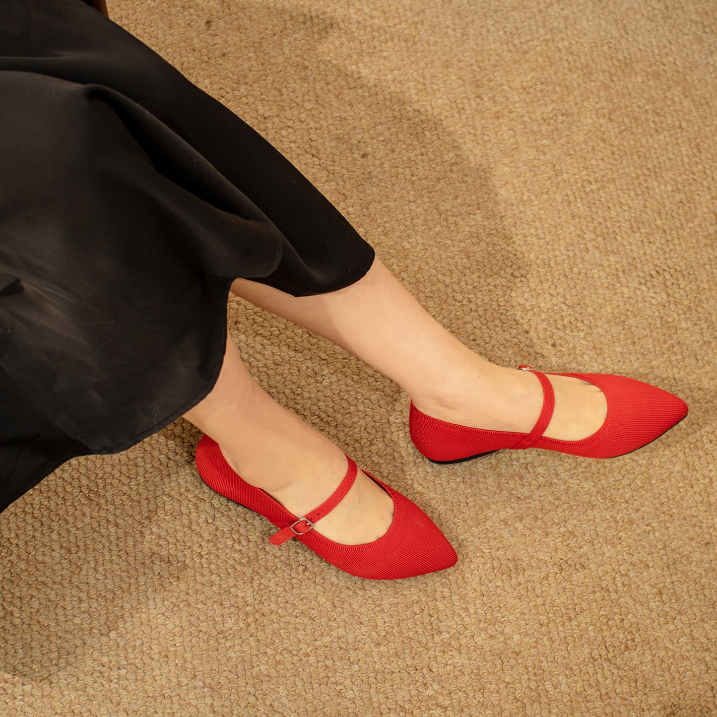 Soesyi Pointed Toe Flats Knit Ballet Flat Shoes for Women Comfortable with Adjustable Strap,Washable Dressy Casual Flats for Work Office