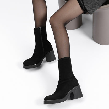 Women's Square Toe Stretch Mid Boots Calf Slouchy Platform Booties Suede Zip Chunky Block Heeled Sock Ankle Boot Shoes