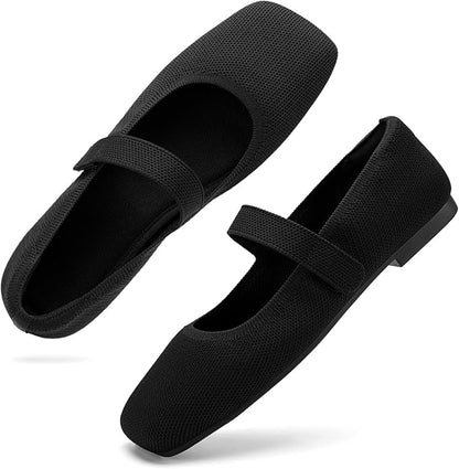 Soseyi Women's Round Toe Ballet Flats Comfortable Mary Jane Shoes Dressy Slip On Knit Flats Adjustable Straps Washable Flats